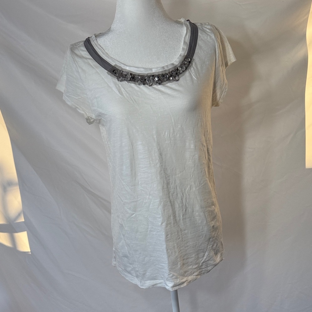LOFT White Short Sleeve Top with Embellished Neckline